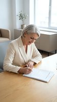 Mature businesswoman signing contract documents at office desk wearing beige blazer in bright modern workspace for professional business meetings.