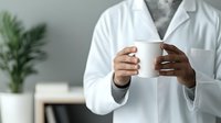 African American medical professional in white coat holding disposable coffee cup during break at modern healthcare facility, cropped view showing hands and torso.