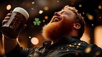 Joyful bearded man celebrating St Patrick's Day with dark beer at pub, laughing while confetti and shamrocks fall around him in festive atmosphere.