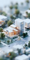 Modern architectural model of luxury residential complex with glass tower and open-concept living spaces surrounded by landscaped gardens and miniature trees.