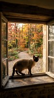 Siamese cat standing on rustic wooden windowsill with open shutters, colorful autumn forest path in background, warm fall tones.
