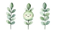 Cute watercolor green plant with happy face and bunny ears between two eucalyptus branches on white background, nursery art style botanical illustration.