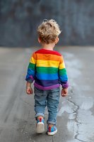 Young child wearing rainbow striped sweater and jeans walking away from camera on concrete floor, showing casual fashion and colorful attire.