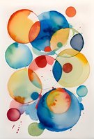 Abstract watercolor circles in vibrant orange, blue, and yellow create a dynamic floating composition perfect for modern interior design, book covers, or creative business presentations.