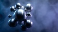 Metallic spheres floating in space with blue purple gradient background for modern technology and science concepts in digital art presentations.