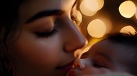 Mother and baby touching noses in tender moment captured in warm golden bokeh lighting, creating intimate emotional connection between parent and child. Close up portrait.