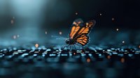 Monarch butterfly resting on dark reflective surface with water droplets and bokeh lights creating magical atmosphere in blue tones. Nature photography.