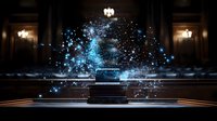 Mysterious glowing blue particles emerging from ancient book in dark vintage library interior with dramatic lighting and magical atmosphere.