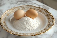 Fresh brown chicken eggs on heap of white flour on vintage porcelain plate with golden ornate rim against marble background, baking ingredients composition.