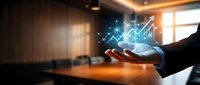 Business professional holding holographic data analytics charts and graphs in modern office environment for financial technology presentations.
