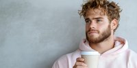 Young Caucasian man with curly blonde hair and beard wearing pink hoodie holds white coffee cup while leaning against gray wall, expressing contentment and warmth.