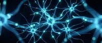 Glowing blue neural network connections with electric synapses firing in dark space. Medical neuroscience concept for brain research and artificial intelligence.