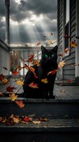 Black cat with striking green eyes surrounded by falling autumn leaves on urban rooftop with dramatic cloudy sky and modern buildings, seasonal wildlife concept.