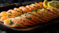 Fresh raw salmon slices garnished with dill and lemon on dark wooden cutting board, arranged in row pattern against black background. Close up food photography.