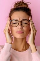 Young woman with glasses experiencing headache, touching temples with closed eyes against pink background, wearing light pink sweater. For health and wellness content.