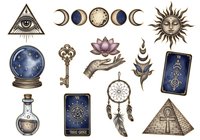 Mystical occult symbols including all-seeing eye, moon phases, crystal ball, tarot cards, dreamcatcher, lotus flower, ornate key, potion bottle, sun and pyramid isolated on white background for design projects.