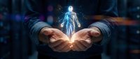 Hands holding glowing digital human figure with light particles, representing technology, innovation, and future digital transformation in business and healthcare applications.