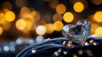Crystal heart on dark surface with golden bokeh lights in background creates romantic atmosphere for Valentine's Day cards and wedding designs.