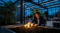 Young businessman in suit working late at modern glass office building with city lights, professional corporate lifestyle and dedication concept.