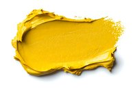 Yellow cosmetic cream smear isolated on white background, textured makeup product swatch with glossy finish and uneven edges showing rich pigment.