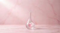 Glass flask with pink heart floating inside on marble surface against soft pink background for romantic chemistry and love concept.