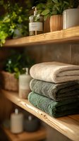 Stacked soft towels in neutral and green tones on wooden shelves with decorative bottles and plants, creating cozy spa bathroom atmosphere in warm lighting.