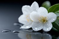 Delicate white jasmine flower with water drops on petals against dark background, reflecting surface creates dramatic mood. Fresh green leaves add natural accent.