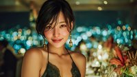 Young Asian woman with elegant makeup and gold earrings smiling at camera with warm city lights bokeh background for lifestyle and beauty content.