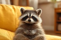 Curious raccoon sitting on yellow cushion in cozy home interior, wildlife animal portrait for home decor and nature content.