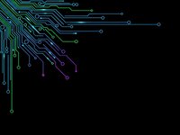 Digital circuit board pattern with glowing neon lines on black background for technology and electronics design projects.