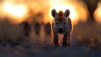 Young zebra foal standing on dusty ground during golden hour sunset with warm bokeh lights creating magical wildlife photography atmosphere in African savanna.