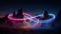 Neon infinity symbol glowing in magenta and cyan colors flowing between rocky mountain peaks in a misty desert landscape at night with starry sky.