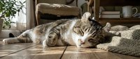 Peaceful tabby cat sleeping on cozy knitted blanket in warm sunlit living room with books and plants creating serene domestic atmosphere.