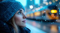 Young Caucasian woman in blue knit beanie looking up at falling snow during evening cityscape with bokeh lights, expressing wonder and serenity in winter atmosphere.