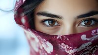 Close up portrait of young Middle Eastern woman wearing traditional floral burgundy hijab, focusing on expressive brown eyes and defined eyebrows against soft blue background.
