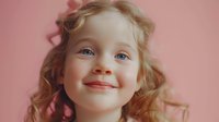 Young girl with blonde curly hair and bright blue eyes smiling joyfully against pink background, expressing genuine happiness and innocence in natural lighting.