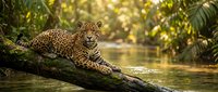 Majestic jaguar resting on fallen log over tranquil river in lush tropical rainforest with dappled sunlight filtering through dense green canopy foliage.