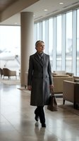 Professional businesswoman in grey coat walking through modern office lobby with shopping bag and contemporary furniture.