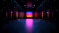 Futuristic data center corridor with neon pink and purple lighting reflecting on floor, leading to vibrant multicolored glow at end. Modern server room interior.