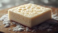 Natural handmade soap bar with exfoliating texture on wooden surface, isolated for cosmetic and wellness product design use.