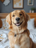 Golden retriever with friendly expression sitting on bed in modern bedroom with gray walls, wooden headboard, and home decor. Pet portrait for lifestyle and home design use.