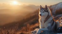Siberian husky dog sitting on mountain slope at sunset, golden light illuminating fur against backdrop of misty hills.