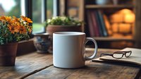 White coffee mug on rustic wooden table with reading glasses, potted orange flowers and cozy home interior background creating warm morning atmosphere.