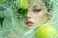 Ethereal female portrait surrounded by swirling water splashes and fresh green apples, featuring luminous skin, natural makeup, and mystical atmosphere.