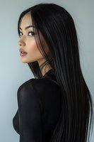 Young Asian woman with long straight black hair in profile view wearing black turtleneck sweater against light background, natural makeup and glossy lips.