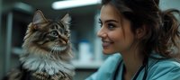 Young female veterinarian in blue scrubs smiling while examining long-haired Maine Coon cat during checkup, showcasing professional pet care and animal health services.