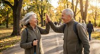 Happy senior Caucasian couple giving high five during autumn walk in park. Elderly man and woman celebrating together outdoors among golden fall foliage.