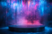 Mystical round podium with glowing neon lights, blue and pink cosmic aurora effects creating magical atmosphere for product display or stage presentation.