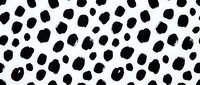 Organic black brush strokes and irregular dots scattered across white background, seamless pattern that tiles into a single continuous design for textiles and wallpaper.