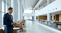 Businessman in dark suit holding tablet in modern office lobby with minimalist architecture, bright natural light, and contemporary furniture for corporate business concepts.
